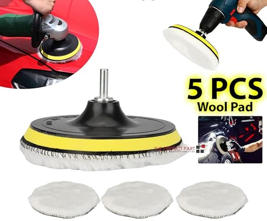 Buffer Polisher Pad Made of Wool - Wheel Mop Kit for car Detailing Drill Adaptor | Pack of 5 pcs - car buffers and Polishers kit is Practically Durable & Reusable - Drill Adapter.