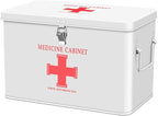 Flexzion First Aid Box Organizer Empty with Lock - 13" White Vintage First Aid Kit Tin Metal Medical Box - First Aid Storage Bin Container with Dividers, Removable Tray and Red Cross Logo