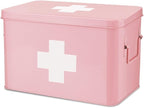 Flexzion First Aid Box Organizer Empty 13" Pink Vintage First Aid Kit Tin Metal Medical Box - First Aid Storage Box Container Bins with Dividers, Removable Tray and White Cross Logo