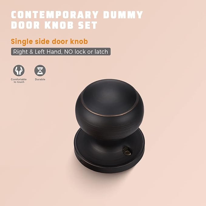 KNOBWELL 2 Pack Bronze Dummy Door Knob, Single Sided Handle for Closets, French Double Doors, and Pantry, Oil Rubbed Bronze One Side Non-Turning Interior Push/Pull Door Knob