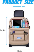 Car Seat Back Organizer, Leather Vehicle Seatback Storage Pocket with Foldable Table Tray, Multifunctional Automotive Backseat Protectors Kick Mats Accessories, Universal Fit (Beige)