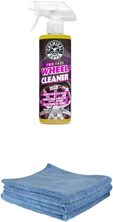 Chemical Guys Two Face Wheel Cleaner, Color Changing Wheel Cleaner,16 fl oz - CLD30316 + MICBLUE03 Workhorse Professional Microfiber Towels, Blue 16" x 16", (3 Pack)