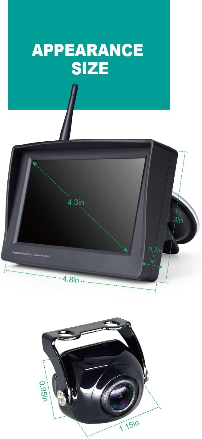 Wireless Backup Camera, 4.3 inch Monitor and 149° Wide Angel Waterproof Universal Reverse Back up Camera System for Mini car, Van, SUV,Pickup, Trailer, etc.