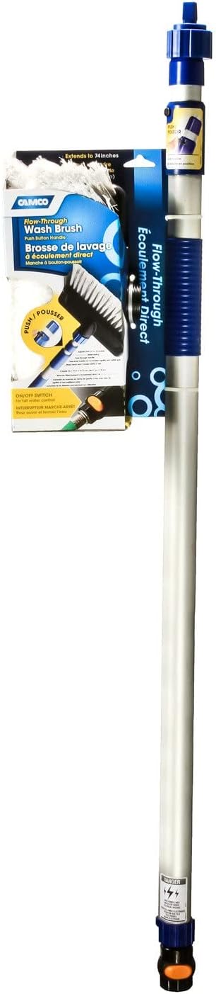 Camco Flow-Through Wash Brush with Push Button Telescoping Handle - Connect to Standard Water Hose to Clean Your Vehicle | Great for RV, Truck Boat and Car Washing - (41960)