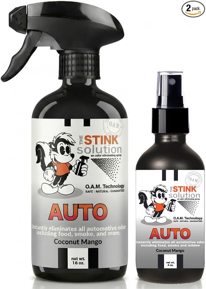 The Stink Solution Car Deodorizer Odor Eliminator For Strong Odor: Quickly Banish Smoke, Pet, Food, Sweat, & Other Foul Smells! Safe Car Freshener for Seats & More! - 1 16 oz, 1 4 oz (Coconut Mango)