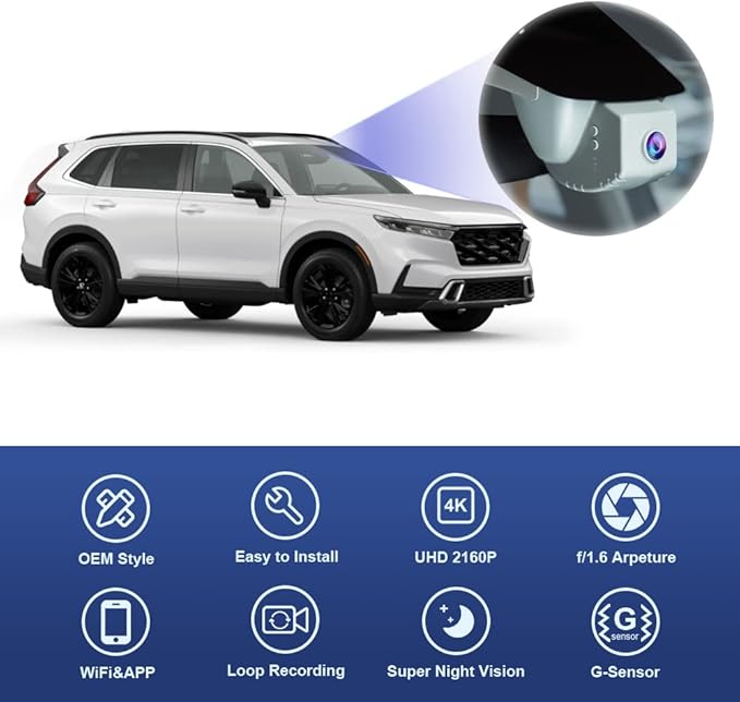 Fitcamx 4K Dash Cam Suitable for Honda CR-V 2023-2026 (Grey) LX EX EX-L Trail Sport Touring Hybrid, OEM Look, 2160P UHD Video, Built-in WiFi & APP, Loop Recording, G-Sensor, Plug & Play, 64GB Card
