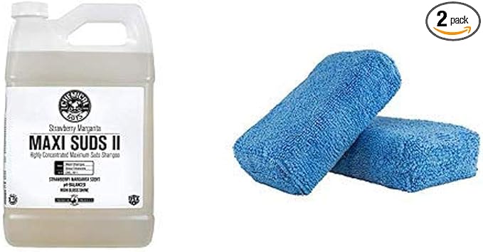 Chemical Guys CWS_1011 Maxi-Suds II Super Suds Car Wash Soap and Shampoo, Strawberry Margarita Scent (1 Gal) and MIC_292_02 Premium Grade Microfiber Applicator, Blue (Pack of 2)