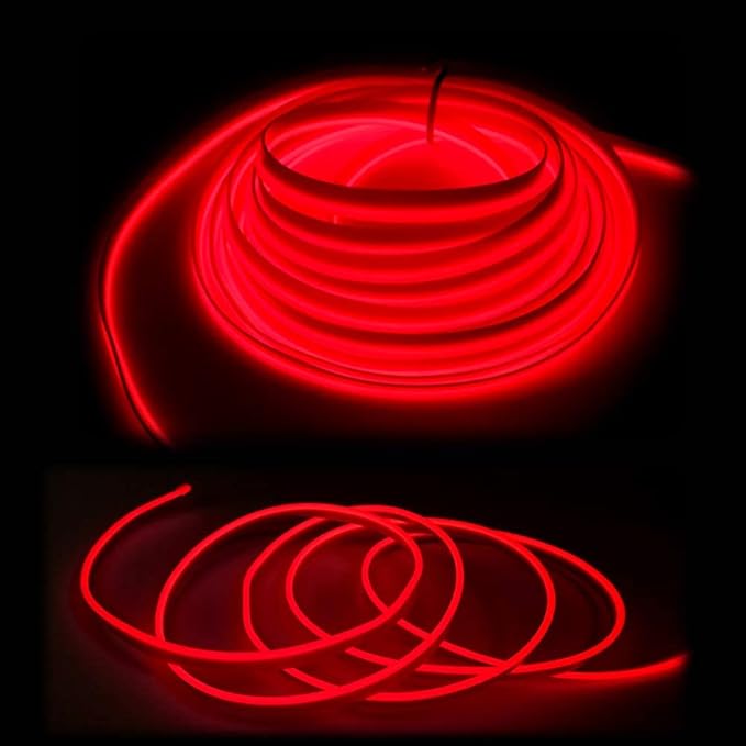 MaxLax Red LED Neon Car Interior Lighting Strip - 3 Meter Flexible 12V EL Wire with Built-in Fuse Protection for Automotive Interior Customization, Featuring 6mm Sewing Trim for Easy Installation.