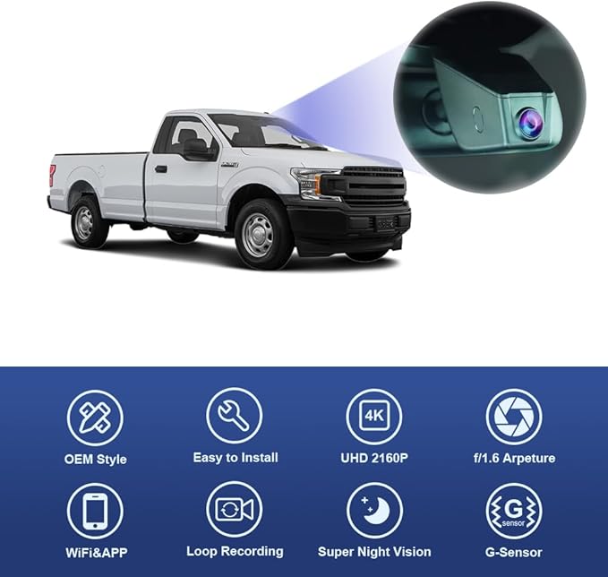 Fitcamx 4K Dash Cam Suitable for Ford F150 2013-2020, Has Screw Behind The Original Cover (HD2-6275), OEM Factory Style, UHD 2160P Video, WiFi & APP, Loop Recording, G-Sensor, Plug & Play, 64GB Card