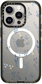 CASETiFY Impact Case for iPhone 15 Pro [4X Military Grade Drop Tested / 8.2ft Drop Protection/Compatible with Magsafe] - Small Blue Flowers - Clear Black