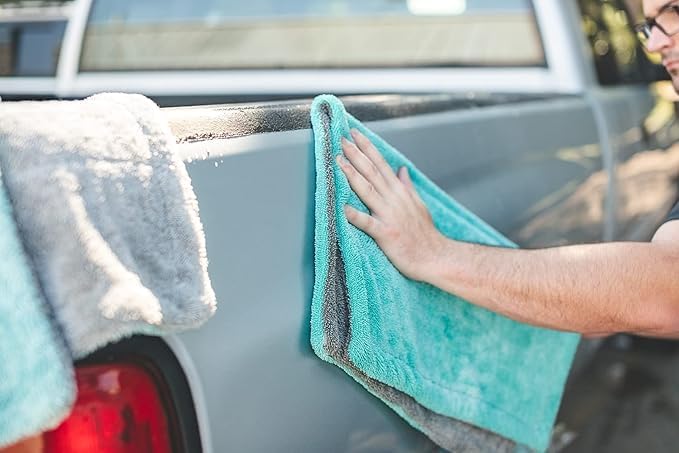 DM_Stores Microfiber Car Drying Towel, Teal and Gray, Edgeless Plush Cloth for Polishing, Drying, and Detailing