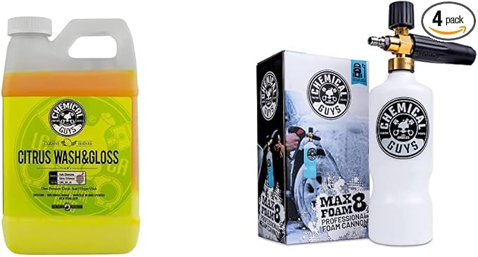 Chemical Guys CWS_301_64MF Car Wash Max Foam Kit - Citrus Wash & Gloss Foaming Car Wash Soap, 64 fl oz (Half Gallon) + TORQ Professional Foam Cannon Max Foam 8, Works With Pressure Washer, (2 Items)
