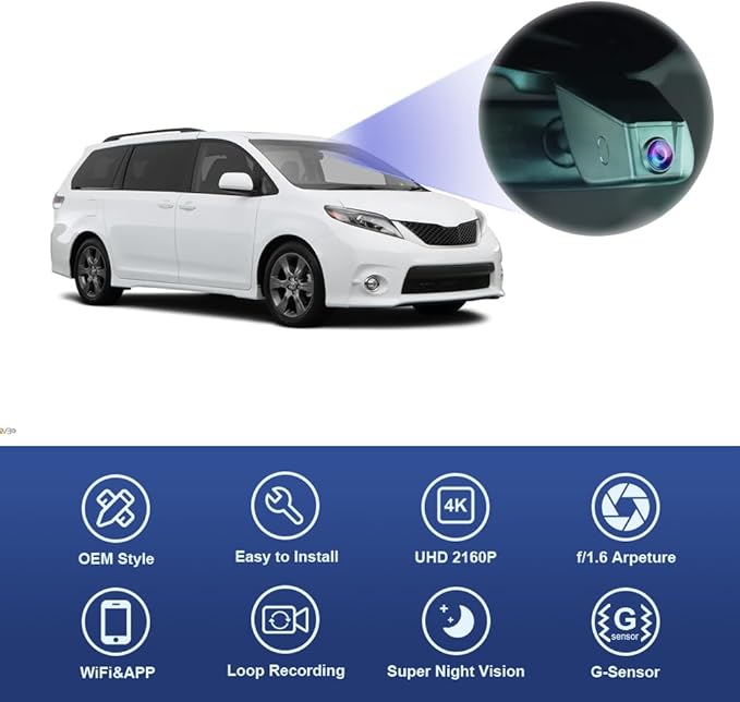 Fitcamx 4K Dash Cam Suitable for Toyota Sienna 2014 2015 2016 (HD2-6275, 7 Pin) LE XLE SE Limited Premium, OEM Look, UHD 2160P Video, WiFi & APP, Loop Recording, G-Sensor, Plug & Play, 64GB Card