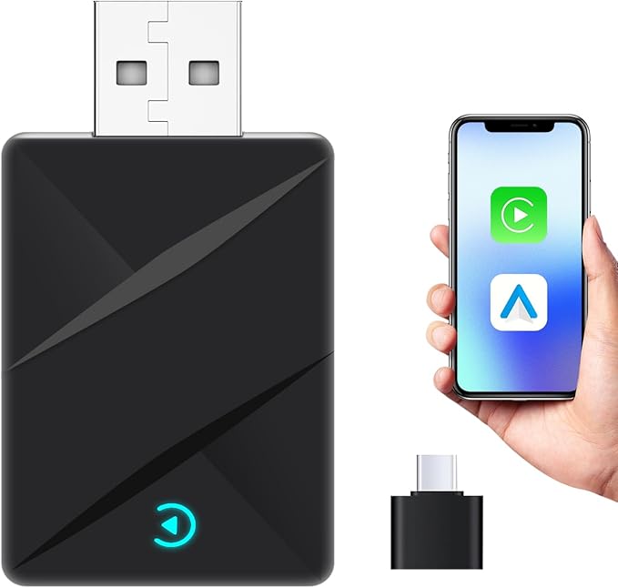 Wireless CarPlay Adapter,Convert Wired to Wireless CarPlay Adapter,Plug&Play 2-in-1 CarPlay & Android Auto Adapter,Fast&Stable Mini USB&USB-C/Type-C Car Adapter,Suitable for iOS10+/Android11+（Black）