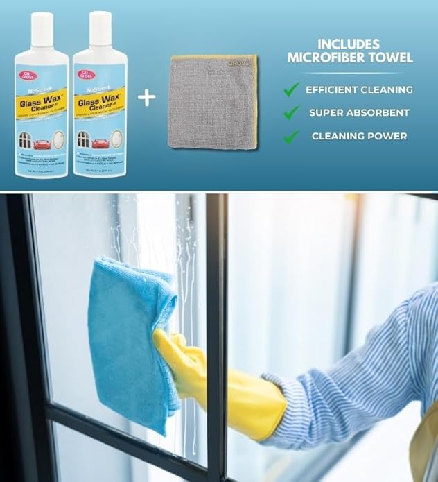 Gel-Gloss NoStreek Glass Wax Cleaner Liquid 8 oz Bundle with Microfiber Cloth - Professional-Grade Glass and Window Cleaner for Hard Water Spots, Mirrors, and Silver Polish - (3 Items)