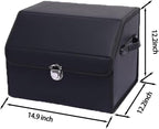Leather Storage Box Car Trunk Organizer for Trunk SUV Sedan, Leather Foldable Storage Box with Lid (Black 14.9" L*12.2" W*11.8" H)