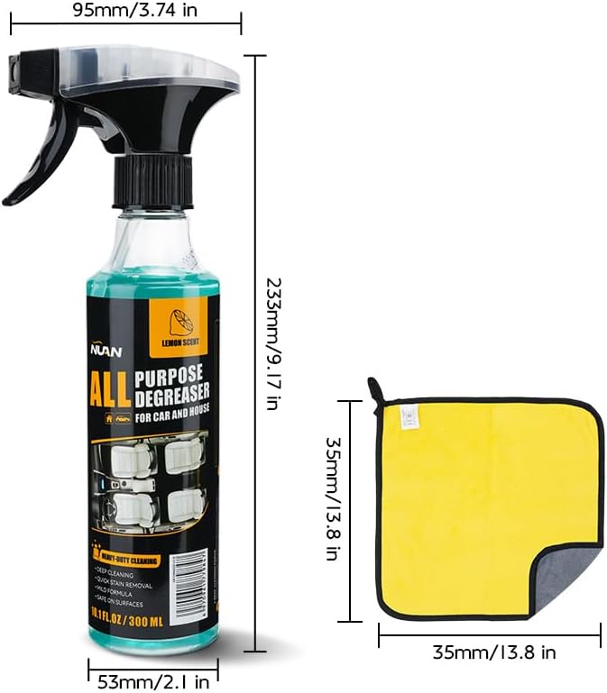 NUAN All Purpose Degreaser for Car and House, Lemon Scent, Heavy-Duty Cleaning Spray, Quick Stain Removal, 10.1 fl oz/300 ML