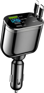 Ankuee Retractable Car Charger, 4 in 1 Super Fast Vehicle Phone Charger Adapter, Auto Cellphone Charging Accessories with Dual Type C Cables & 2 USB Ports, Universal for SUV, Sedan, Truck