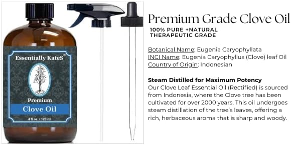 Essentially KateS Clove (Leaf) Oil 4 Fl Oz - Premium Grade Essential Oil for Hair Care, Home Diffusers, Skin, Aromatherapy, Massage and Garden Care - Steam Distilled. Part Used is Leaf.