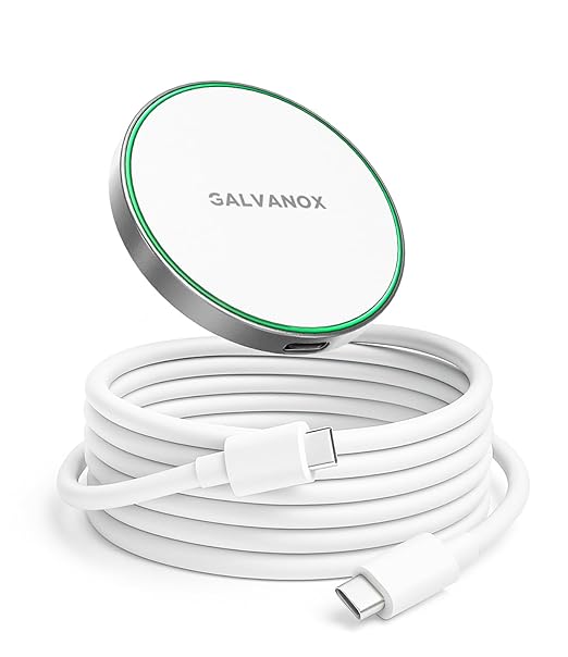 GALVANOX Compatible with MagSafe Wall Mounted Magnetic Wireless Charger (15W) Fast Charging, Stick-on Adhesive Design with Long Removable USB-C Cable (10Ft) White