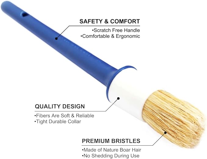 Natural Boar Hair Detailing Brush 5pcs Set, Automotive Non-Slip Detail Brushes for Cleaning Wheels, Engine, Interior, Exterior, Leather, Seat, Lug Nut, Emblems, Air Vents, Car, Motorcycle