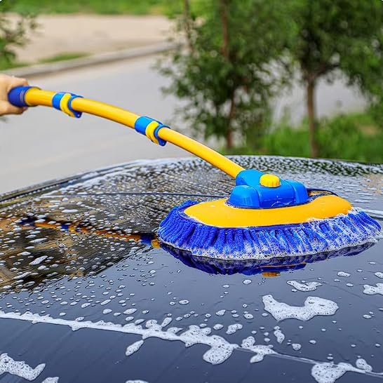 43'' Car Wash Brush with Long Handle Chenille Microfiber Car Wash Kit Mitt Retractable Bent Pole Car Wash Mop for Cars RV Truck Boat (Blue-1)