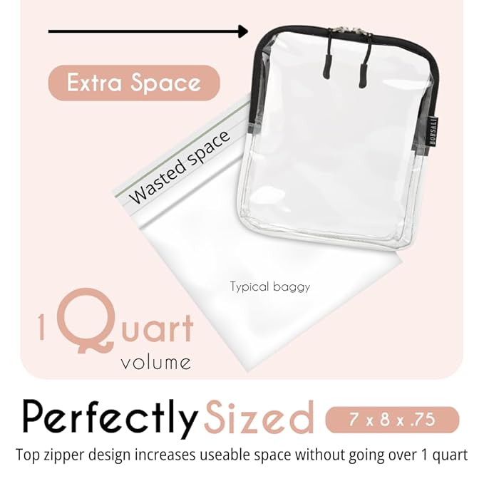 BORSALI TSA Approved Toiletry Bag - Clear Quart Size for 3-1-1 LIquids for Carry On Travel - Toiletries Organizer - Cosmetic Pouch with Zipper - Travel Accessories - Set of 3