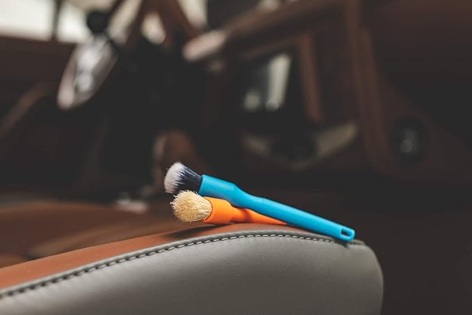 Detail Factory - Crevice Mini Detailing Brush Combo Kit - One Boar's Hair Brush + One Ultra-Soft Synthetic Brush, Heavy Cleaning Action for Small Spaces, Red + Black (2 Pack)