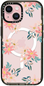 CASETiFY Impact iPhone 15 Case [Slim/Compatible with Magsafe / 8.2 ft. 4X Military Grade Drop Protection] - Pink Daisies - Clear Black