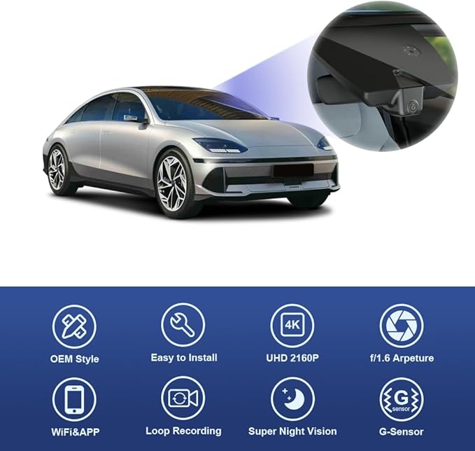 Fitcamx 4K Dash Cam Compatible with Hyundai IONIQ 6 2023 2024 2025 Limited SEL (Has Auto-Dimming), OEM Style, 2160P UHD Video, Built-in WiFi & APP, Loop Recording, G-Sensor, Easy to Install, 64GB Card