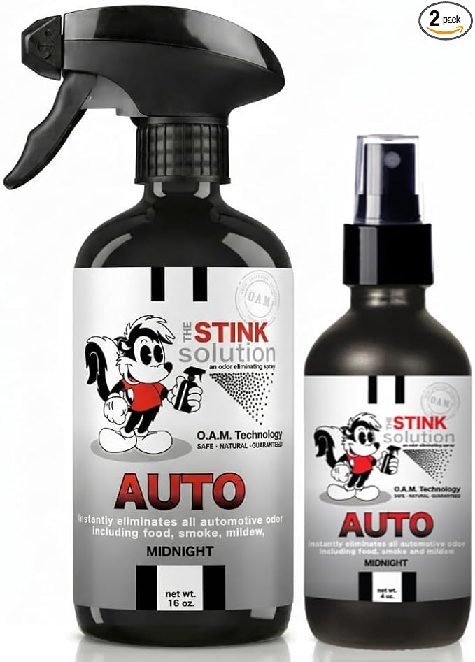 The Stink Solution Car Deodorizer Odor Eliminator For Strong Odor: Quickly Banish Smoke, Pet, Food, Body Odor, & Other Foul Smells! Safe Car Freshener for Seats & More - 1 16 oz, 1 4 oz (Midnight)