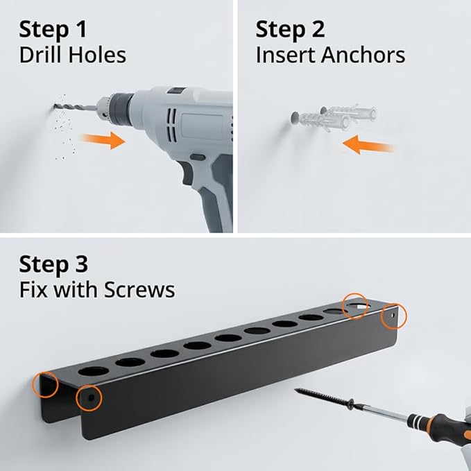 QWORK Car Detailing Brush Holder 10 Hole, 2 Pack Wall Mount Organizer Rack with Screws Heavy Duty Metal Brush Storage for Garage Workshop Auto Detailing Tools Accessories