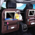 Luxury PU Leather Car Backseat Organizer with Foldable Table – Multi-Functional Car Seat Storage. Waterproof Travel Back Seat Organizer with Cup Holders, Tissue Box & Tablet Pocket (Coffee)