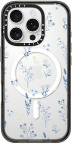 CASETiFY Impact Case for iPhone 16 Pro [Slim / 8.2 ft. 4X Military Grade Drop Protection/Compatible with Magsafe] - Small Blue Flowers - Clear Black