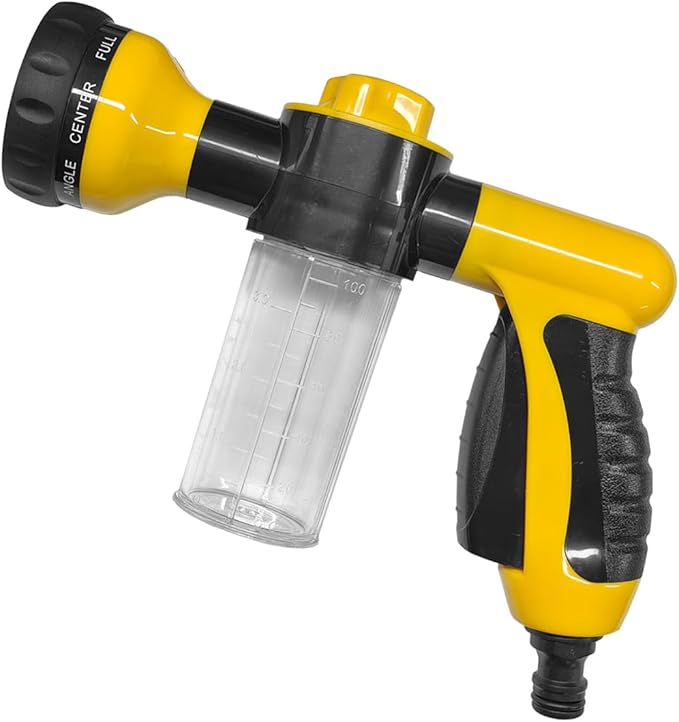 High Pressure Car Wash Foam Gun, 8 Way Spray Pattern Garden Hose Nozzle with 3.5oz/100cc Soap Dispenser, Adjustable Hose Spray Nozzle for Car Washing, Pet Shower, House Cleaning (Yellow)