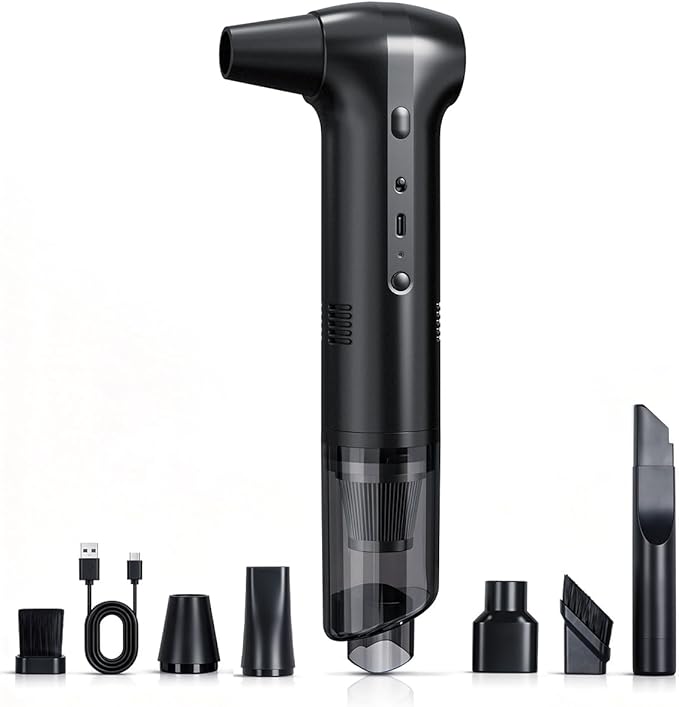 Electric Air Duster & Vacuum 2-in-1, Dual Brushless Motor 130000RPM Compressed Air Duster, 16000PA Handheld Vacuum, 3 Speed Mini Blower, Fast Charging 6000mAh Rechargeable, Keyboard Car Cleaning Kit
