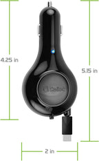 Cellet Retractable USB-C Car Charger – 15W Fast Charging, 3.3ft Cable, 3A Output, Blue LED Indicator – Compatible with Apple iPhone 15/16 Series & Samsung Android USB-C Devices – Compact, Tangle-Free