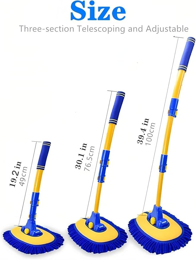 43'' Car Wash Brush with Long Handle Chenille Microfiber Car Wash Kit Mitt Retractable Bent Pole Car Wash Mop for Cars RV Truck Boat (Blue-1)