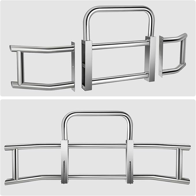 DNA MOTORING Front Bumper Brush Bull Bar Deer Guard Compatible with Freightliner Cascadia 2008-2017, 3mm Thick Iron Tubing, Polished Chrome, DG-G-002-SS+BKIT-DG-004