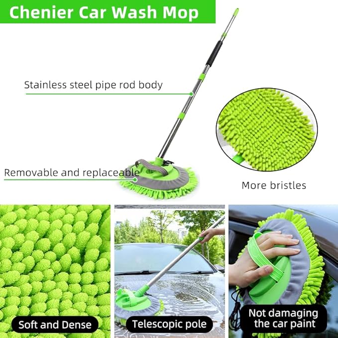 62" Car Wash Brush with Long Handle, Chenille Microfiber Car Wash Mop Mitt, Wheel Brush, Windshield Window Squeegee, Microfiber Towel, Gloves, Car Cleaning Brush Kit Supplies for Car,Truck,SUV,RV,Boat