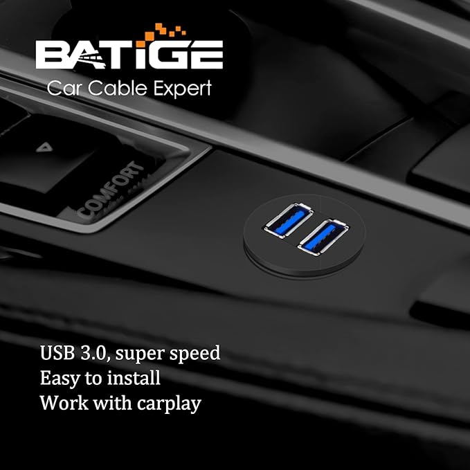 BATIGE 2 Pack Dual USB 3.0 Car Mount Flush Cable - USB3.0 Male to Female Car Mount Extension Cable - Waterproof for Truck, Boat, Motorcycle - Dashboard Panel - 3ft