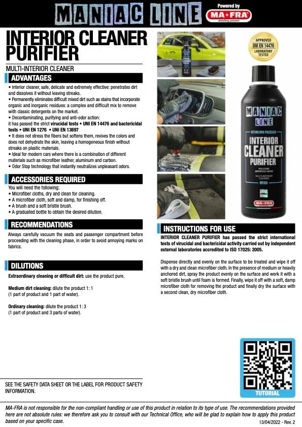 MANIAC LINE MAFRA Interior Cleaner Purifier | Fast Flash OEM Matte Finish | Residue Free Wipe with Streak Control | Safe on Plastics Vinyl and Fabric | Odor Control for Cabins | 500 Milliliters