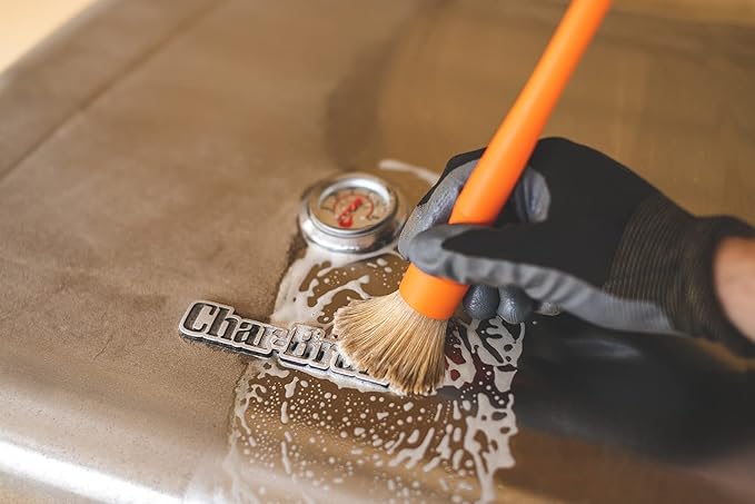 Detail Factory - Boar Hair Long-Handle Detailing Brush - Comfortable Grip and Heavy-Duty Scrubbing for Interior, Exterior, Engine Bay, Wheels, Exhaust Tips, Textured Plastic, Orange