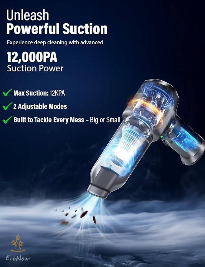 EcoNour 3-in-1 Cordless Handheld Car Vacuum Cleaner – 120W Power, 12,000Pa High Suction, Dual Rechargeable Batteries – Portable Dust Buster for Car, Home & Pet Hair