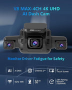 HUPEJOS AI 4K Dash Cam Front and Rear Recording with Driver Monitoring System,STARVIS 2,360° View 4 Channel Dashcam Free 64G Card,5G Wi-Fi GPS,3" Touch Screen,Night Vision,CPL,24/7 Parking Mode,V8 MAX