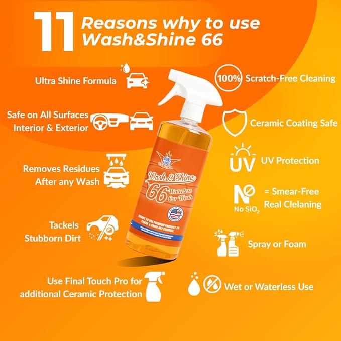 Shinykings Premium WATERLESS Car Wash with Ultra Car Shine Effect California Wash&Shine 66 | Powerful Car Wash Soap for All Surfaces | Scratch-Free & Biodegradable Car Cleaner | 1 GAL