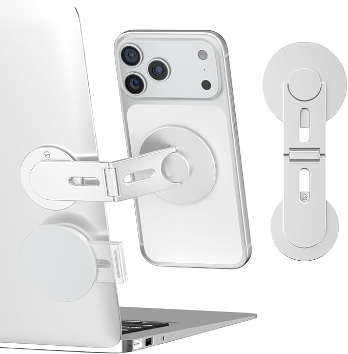 CloudValley Magnetic Phone Laptop Holder Mount, Foldable Hidden Portable Stand for iPhone 17/16/15/14/13 & All Phone, Clamp for Monitor Side, Compatible with Laptop, Desktop, Tesla Model 3/ Y, Silver