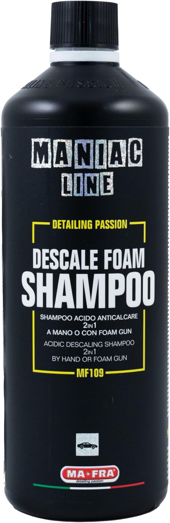 Mafra MANIAC LINE Descale Foam Shampoo | Acidic 2-in-1 Car Wash for Foam Gun or Hand Wash | Removes Limescale, Hard-Water Spots & Sandy Rain Deposits | Paint & Glass Safe | 1 Liters