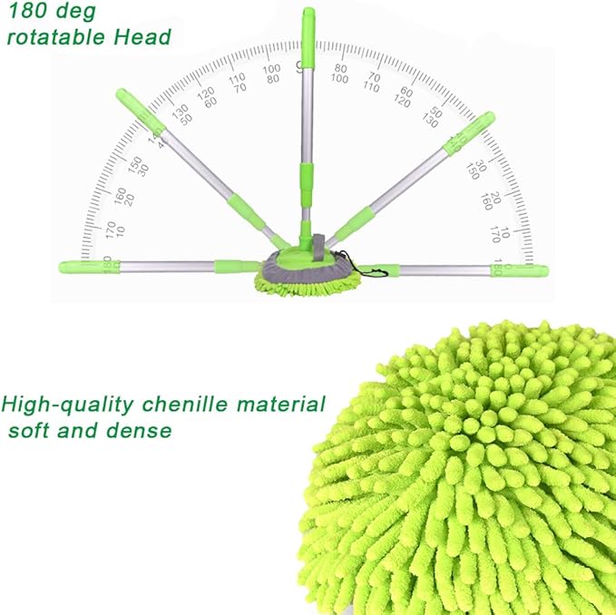 2 in 1 Chenille Microfiber Car Wash Mop Mitt with 46" Aluminum Alloy Long Handle,Car Cleaning Kit Brush Duster,Scratch Free Cleaning Tool Dust Collector Supplies, 2Pcs Mop Head(Green)