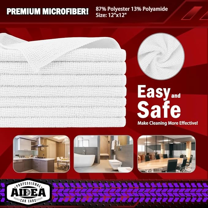 AIDEA Microfiber Cleaning Cloth White 20PK, Microfiber Towels for Cars, Premium Car Cloths, Dusting Cloth Lint Free Cleaning Rags for SUVs, House, Kitchen, Window, Workshops,12×12"